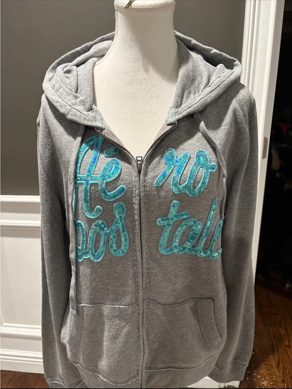 Aeropostale Gray Girls' Hoodie with Teal Sparkle Script